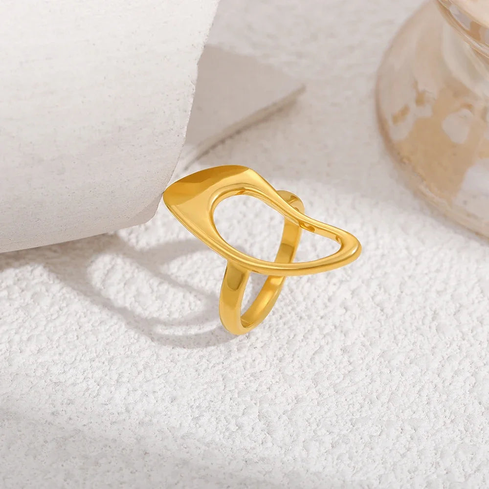 18k Gold Plated Stainless Steel Hollow Geometric Irregular Statement Ring for Women