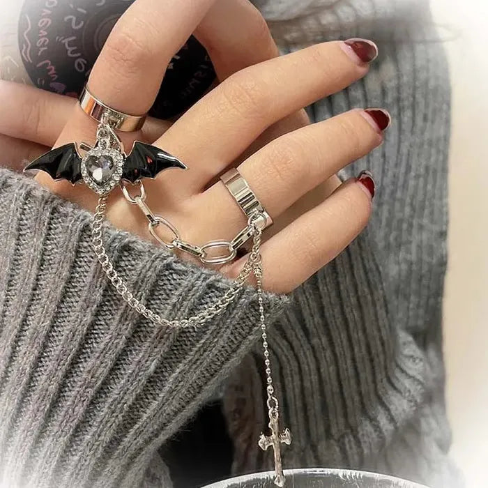 Gothic Black Bat Wing Cross Crystal Double Finger Ring for Men Women Jewelry