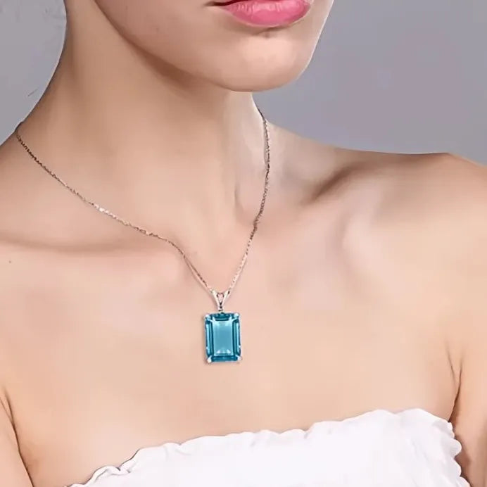 Rectangular Blue CZ Pendant Necklace for Women Silver Wedding Jewelry