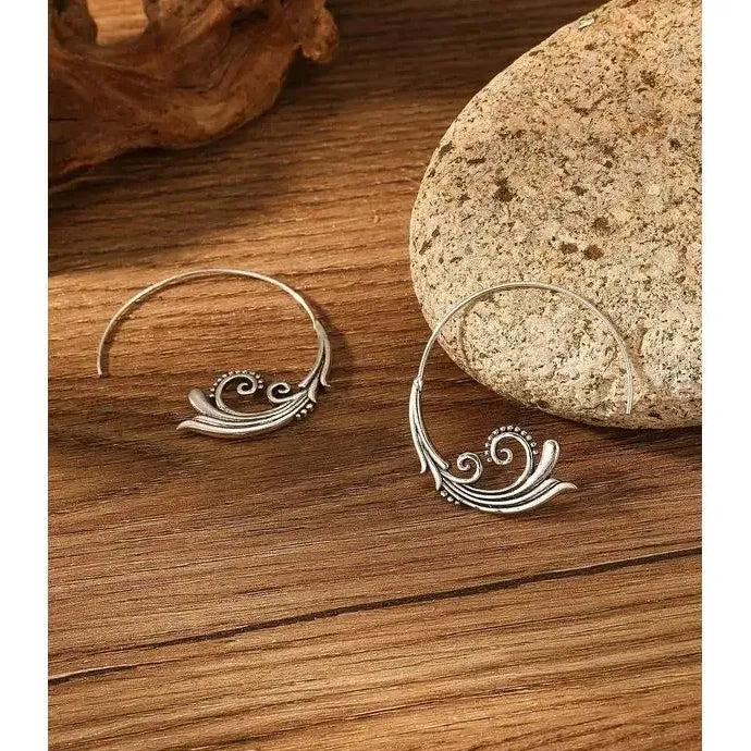 Vintage C-Shaped Women's Earrings Silver Pendant Plant Flower Leaf Zinc Alloy
