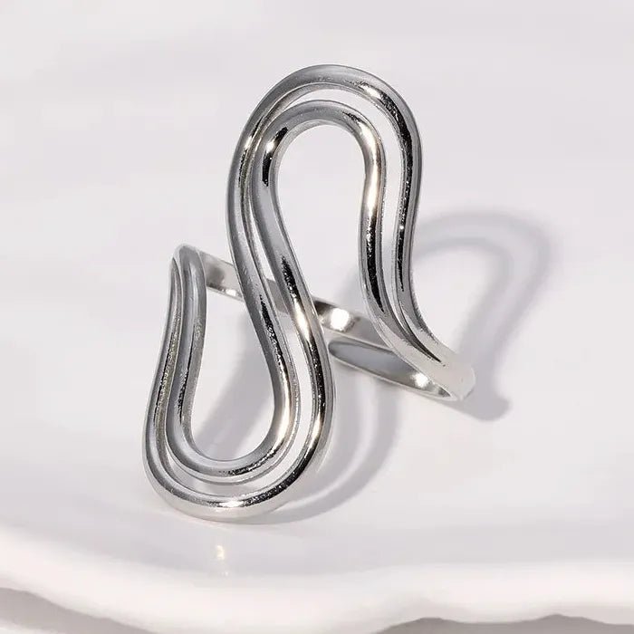18K Gold Color Stainless Steel Double S-Shaped Waterproof Cocktail Ring for Women Men
