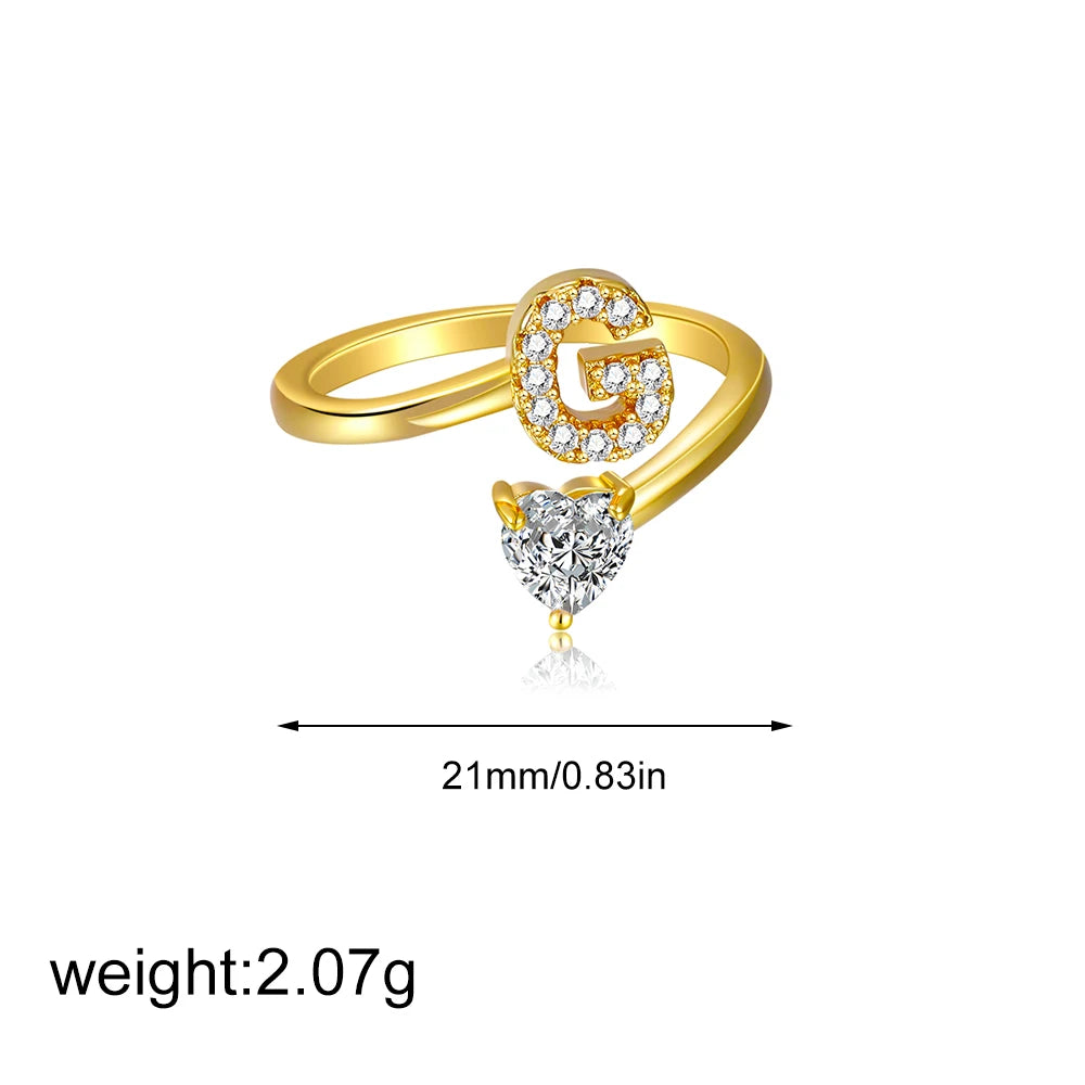 Polished Gold Plated Copper A-Z Letter Initial Ring with Zircon Heart Wedding Jewelry
