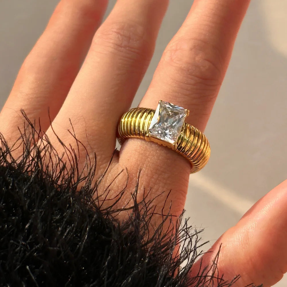 Punk Multicolor Crystal Ring for Women 18K Gold Plated Waterproof Thick Square Ring