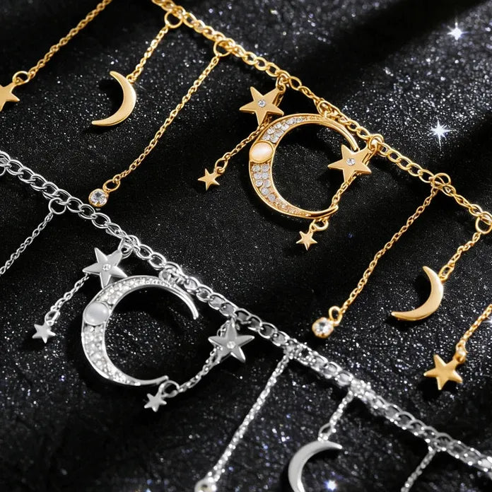 Vintage Moon Star Tassel Pendant Necklace for Women Zinc Alloy Crystal Gift