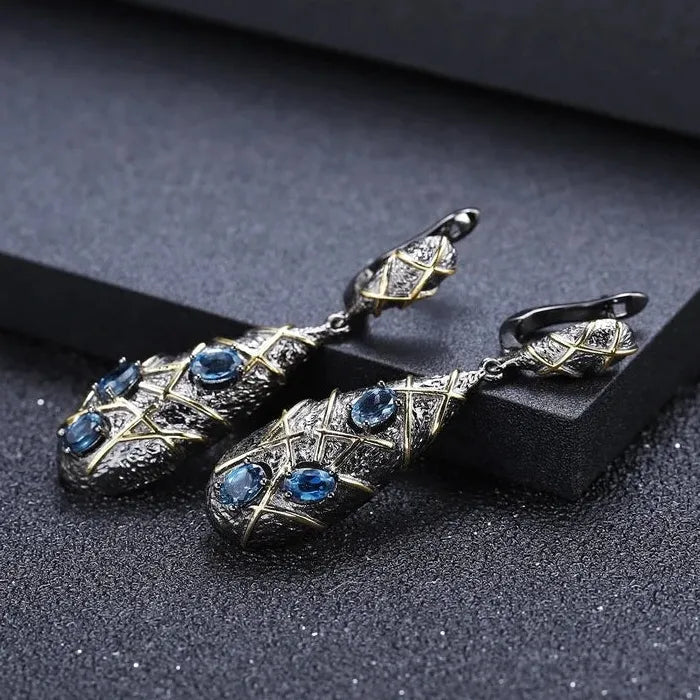 Vintage Bohemian Carved Wind Chime Drop Earrings for Women Classic Bluestone Jewelry