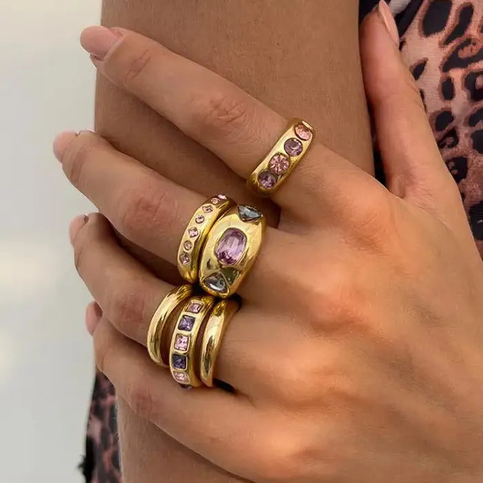 6Pcs Adjustable Purple Zircon Geometric Rings for Women Vintage Style