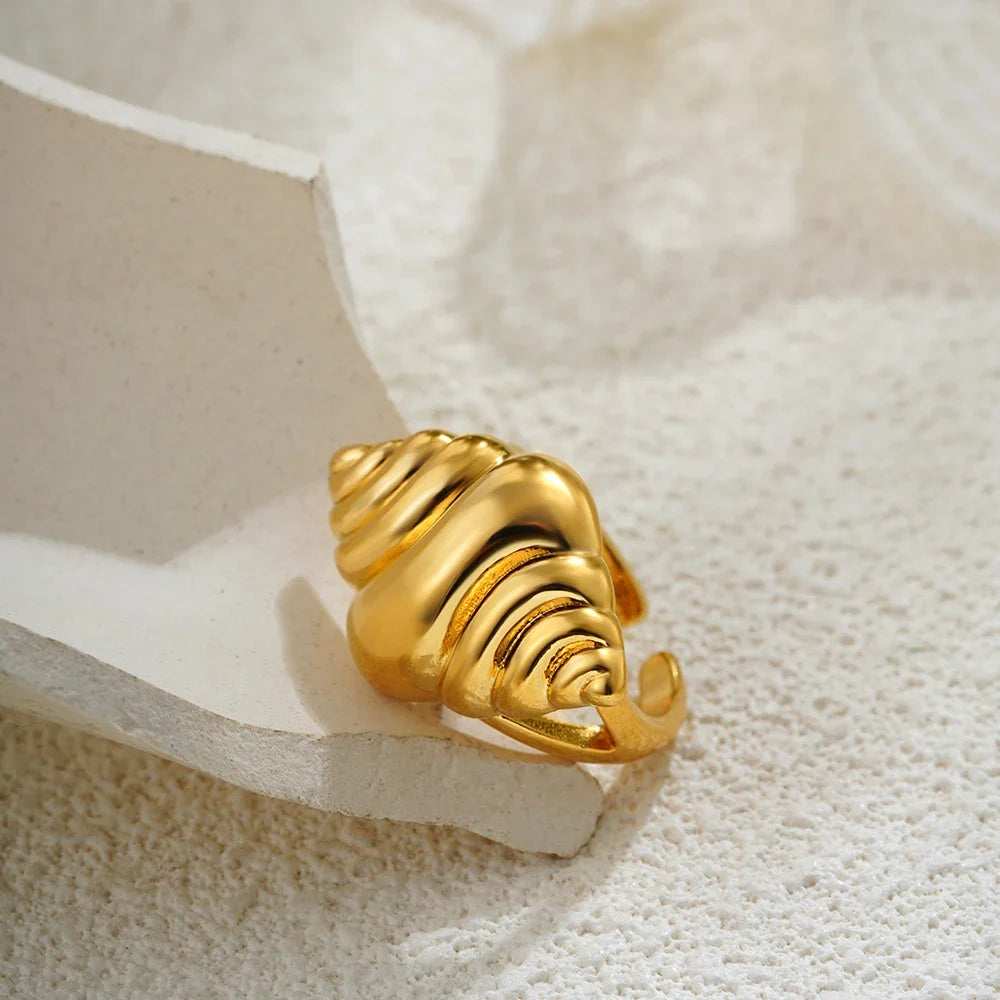 18K Gold Plated 316L Stainless Steel Seashell Scallop Chunky Ring Retro Jewelry