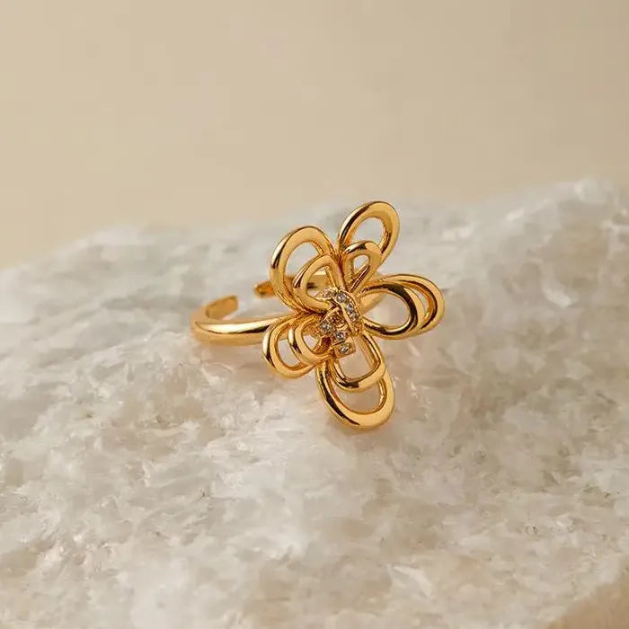 Adjustable Silver Zircon Skeleton Flower Ring for Women Copper Jewelry Gift