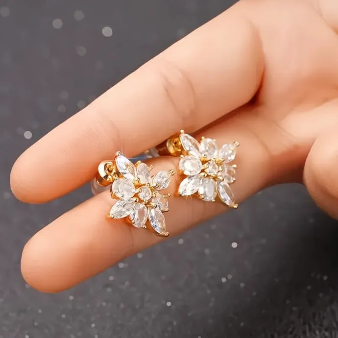 Geometric Flower CZ Stud Earrings for Women Elegant Copper Alloy Jewelry