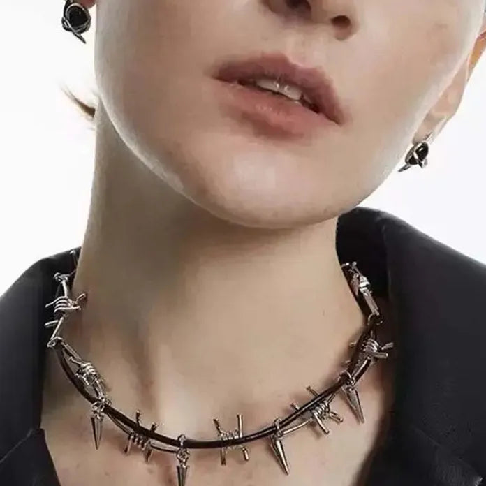 Stainless Steel Gothic Barbed Wire Rivet Double Layer Necklace for Men Women