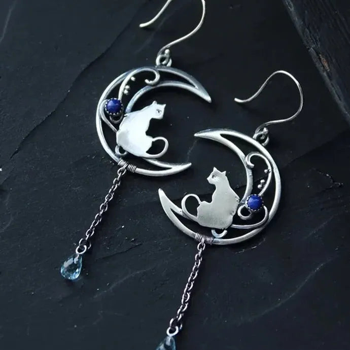 Vintage Cute Cat Moon Zinc Alloy Drop Earrings for Women Fashion Jewelry