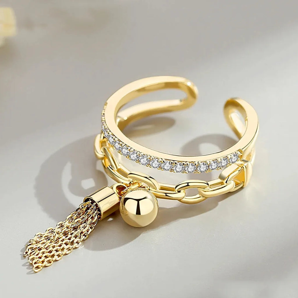 Gold-Color Adjustable Tassel Ring with Rhinestones Zinc Alloy Jewelry Gift