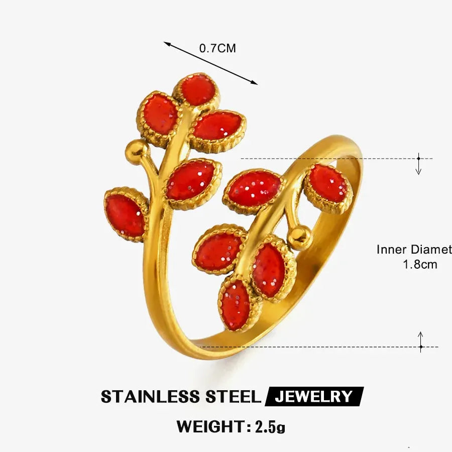 Gold Stainless Steel Leaf Cocktail Rings for Women Vintage Red Blue Green Jewelry