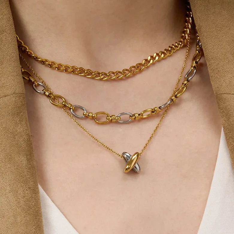 18K Gold Plated Stainless Steel Double Color Wide Cross Pendant Necklace Choker