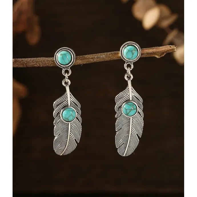 Antique Silver Ethnic Leaf Wing Earrings with Turquoise Inlay Zinc Alloy Gift
