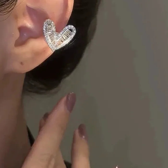 Rhinestone Sweet Bowknot Heart Long Clip Earrings for Women Girls