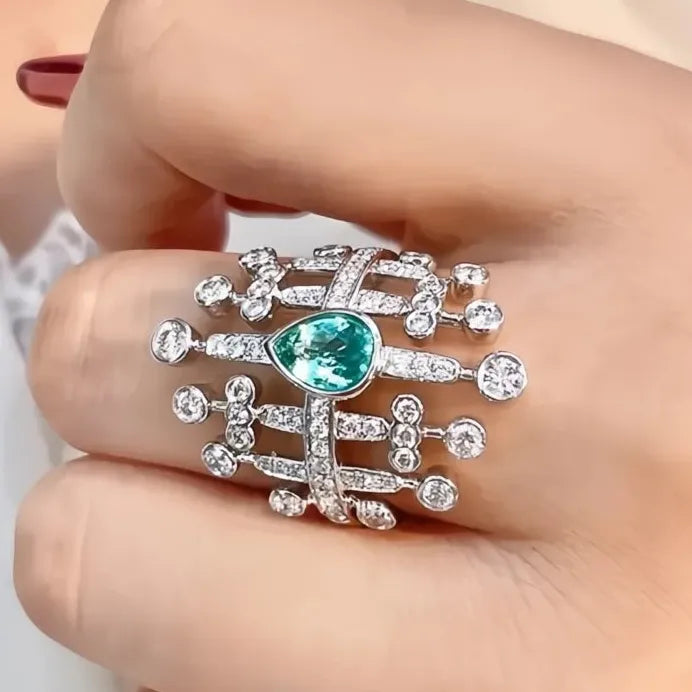 Geometric Pear Green CZ Wide Band Cocktail Wedding Ring for Women