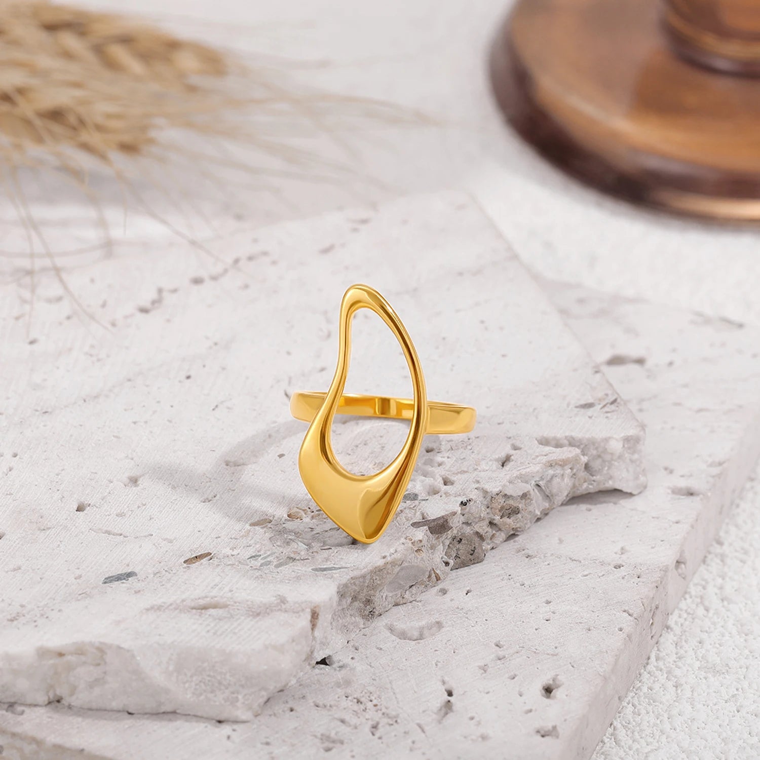 18k Gold Plated Stainless Steel Hollow Geometric Irregular Statement Ring for Women