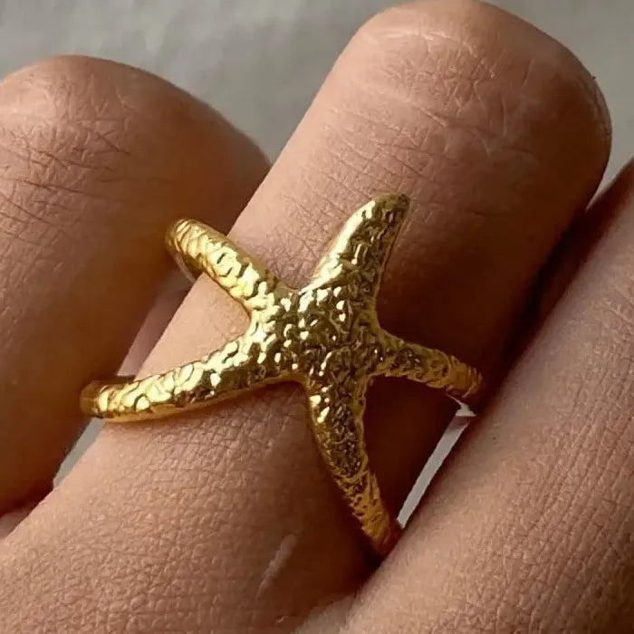 Gold Starfish Stainless Steel Open Ring Vintage Waterproof Jewelry Gift Women