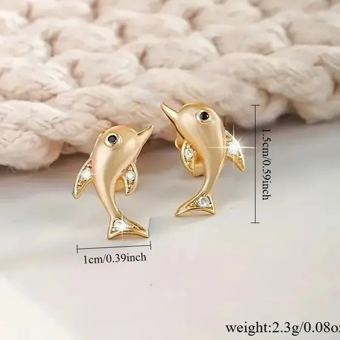 Gold Copper Metal Dolphin Stud Earrings for Women, High-Quality Jewelry Accessory