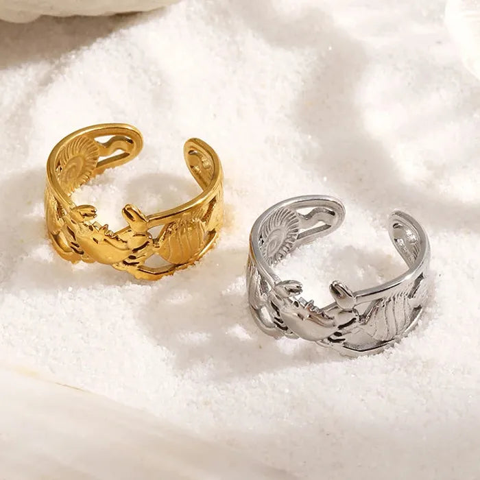 Vintage Stainless Steel Ocean Ring Starfish Conch Crab Fish Adjustable Jewelry