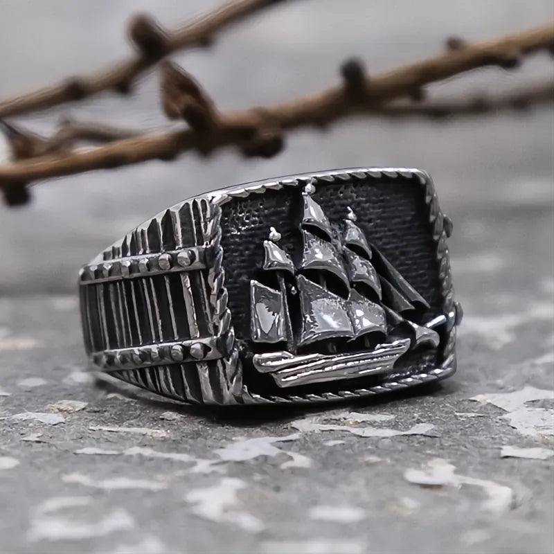 Men's Viking Pirate Sailboat Ring Stainless Steel Biker Gothic Lucky Amulet Jewelry Vintage