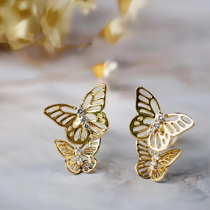 Gold Butterfly Cubic Zirconia Stud Earrings Copper Alloy Jewelry Gift Women