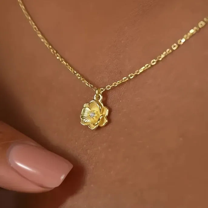 Gold Geometric Flower Pendant Necklace with Cubic Zirconia Jewelry Gift
