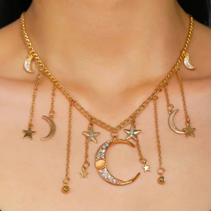 Vintage Moon Star Tassel Pendant Necklace for Women Zinc Alloy Crystal Gift