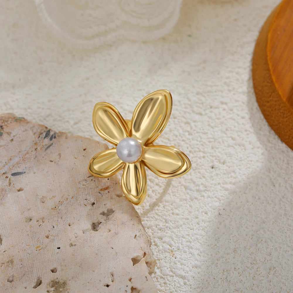 Flower Pearl Ring for Women Stainless Steel Plant Design Anti-Allergic Jewelry Gift 2025