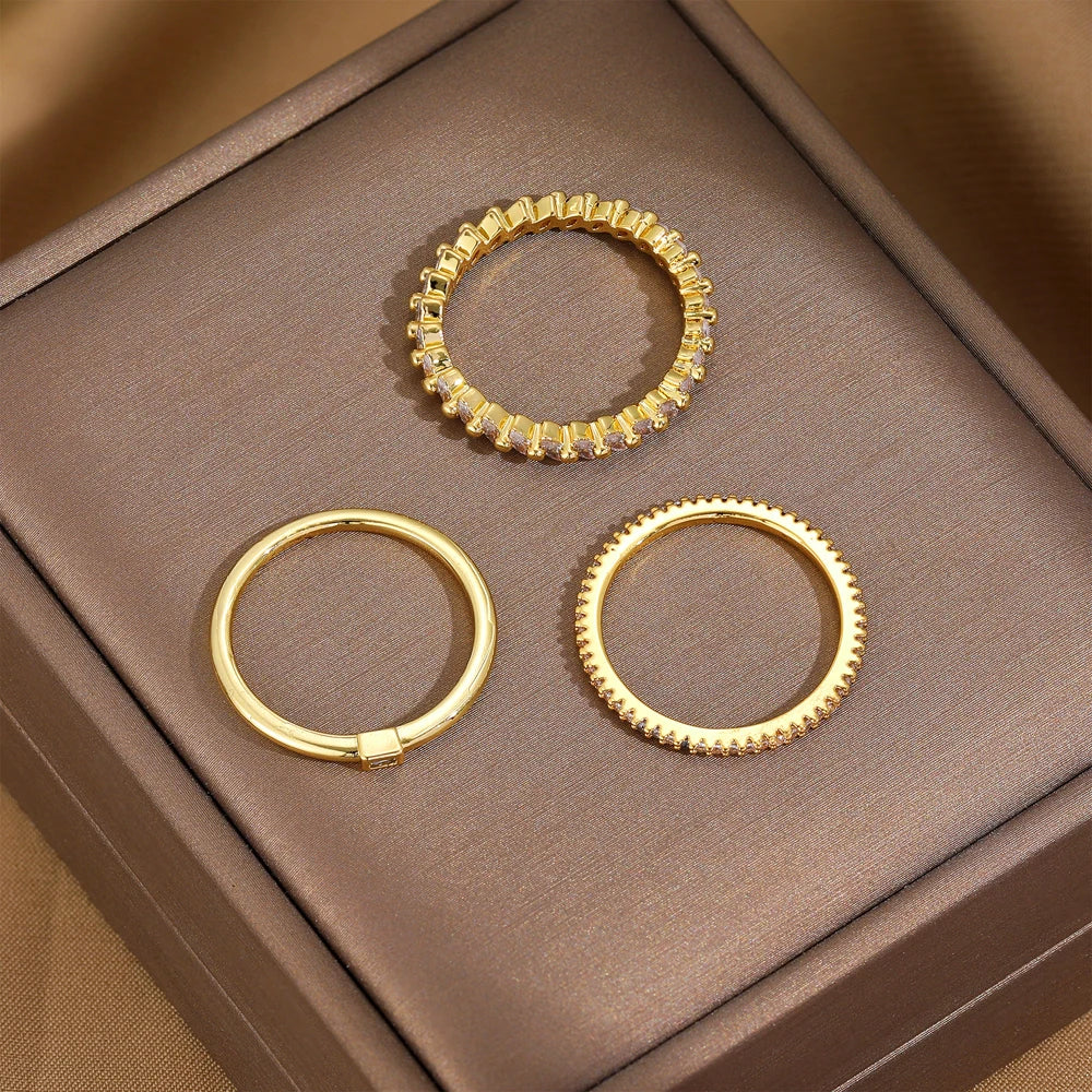 3Pcs Thin Round Stainless Steel Rings 18K Gold Plated CZ Zircon Wedding Jewelry for Women