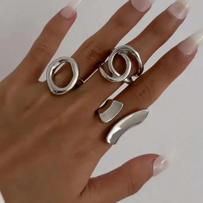 Punk Hiphop Asymmetrical Geometric Hollow Ring Set for Women Party Jewelry