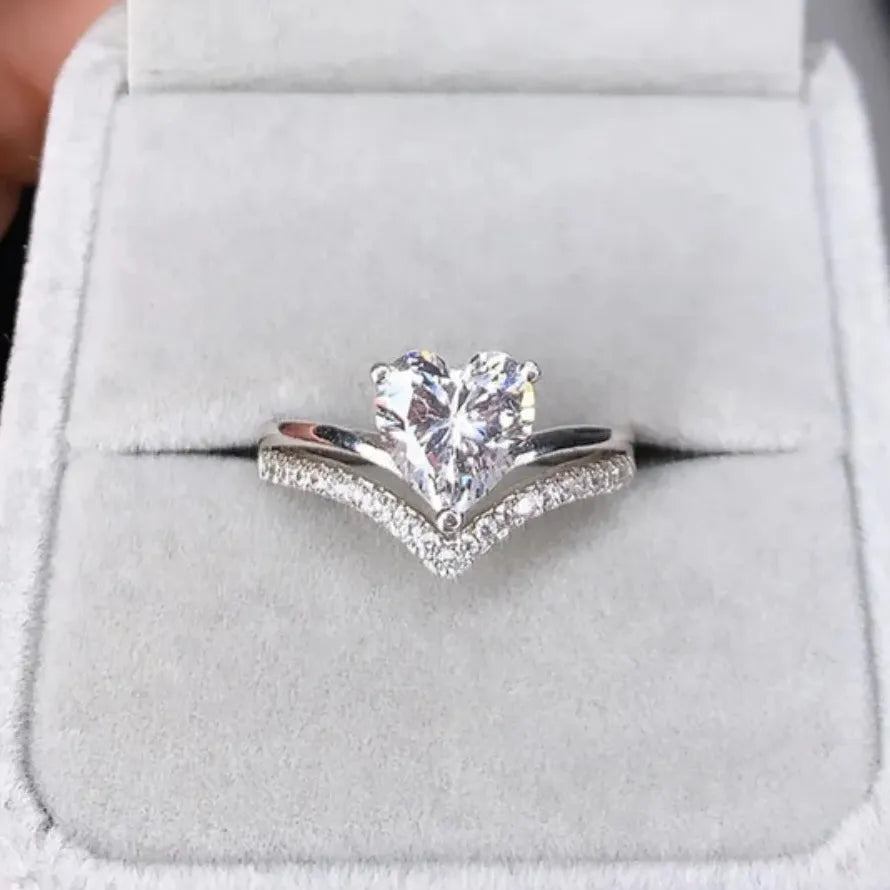 Silver Heart Ring Set for Women with White Zircon Stones Bridal Engagement Jewelry Gift