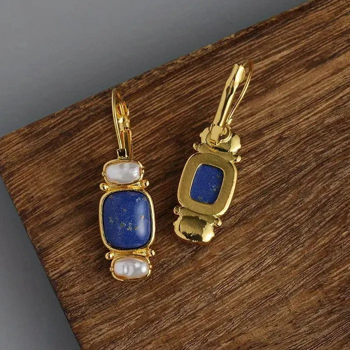 Vintage Handmade Curved Inlaid Blue Faux Gemstone Resin Earrings for Women