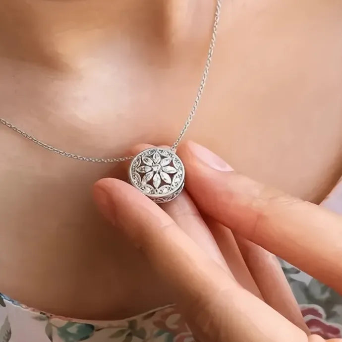 Round CZ Crystal Pendant Necklace Silver Floral Copper Alloy Jewelry Gift