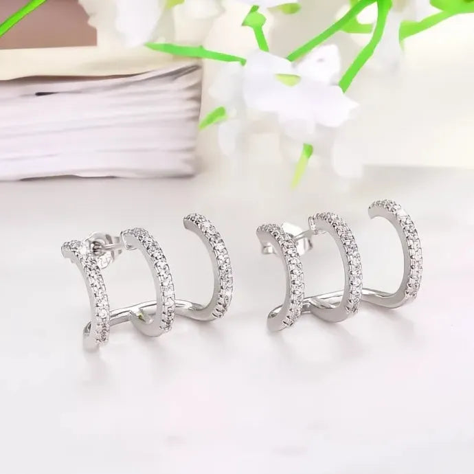 Silver Three Line Claws CZ Crystal Stud Earrings for Women Copper Alloy