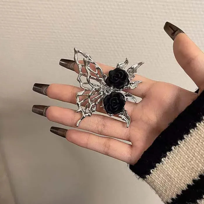 Adjustable Vintage Punk Black Rose Butterfly Animal Ring for Women Jewelry