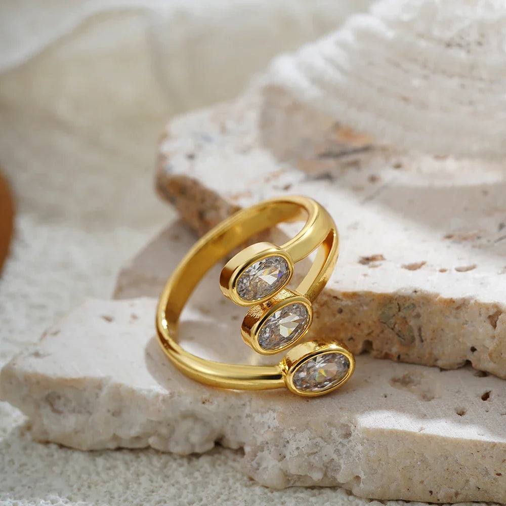 18K Gold Plated Three Layer Metal Zircon Wedding Ring for Women Oval Crystal