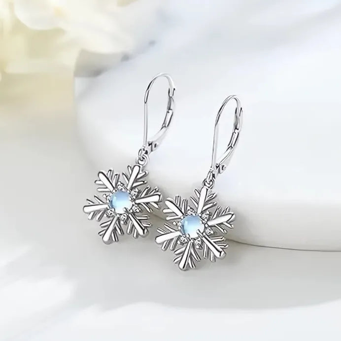 Silver Snowflake Drop Earrings with Imitation Moonstone Holiday Gift