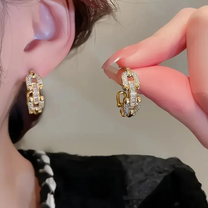 Chain Link Geometric Hoop Earrings for Women Girls, Copper Alloy CZ Silver Gold
