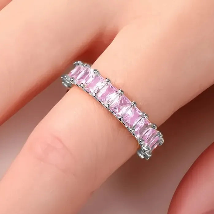 Crystal Pink CZ Geometric Promise Ring Women’s Wedding Band Brass Jewelry
