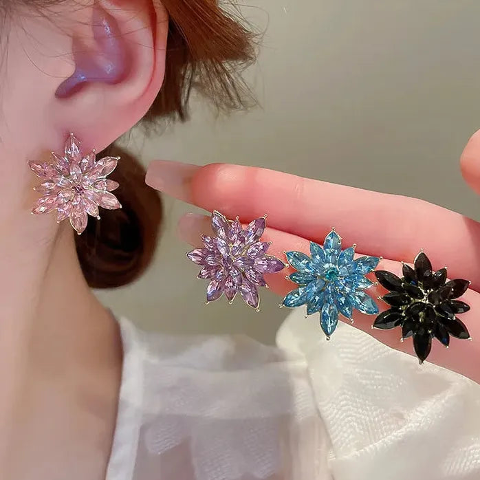 Luxury Crystal Flower Neo-Gothic Stud Earrings Stainless Steel Women Jewelry Gift
