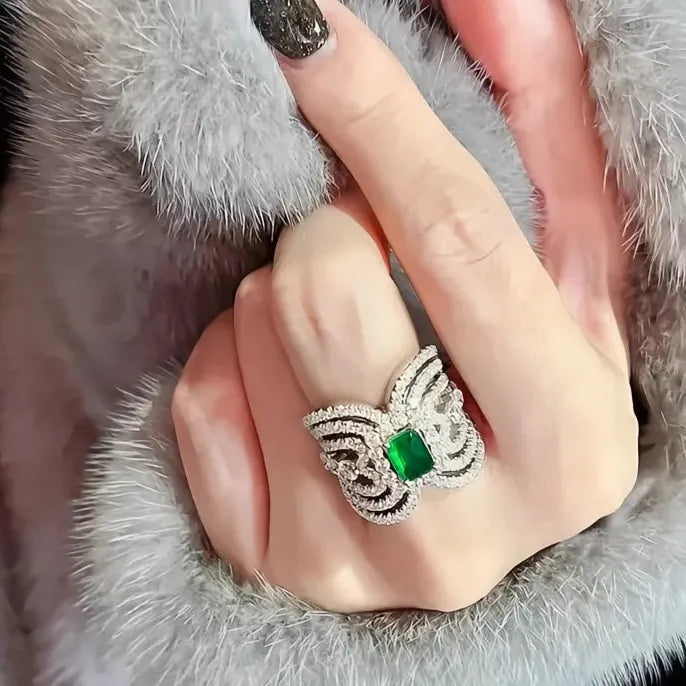 Luxury Women Wedding Ring with Geometric Green Cubic Zirconia Brass Fashion Jewelry