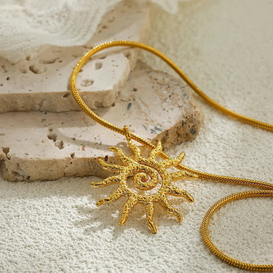 18K Gold Plated Stainless Steel Spiral Sun Pendant Necklace Choker Women Gift
