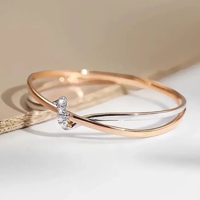 Two Tone Brass Geometric Wedding Band with Cubic Zirconia for Women