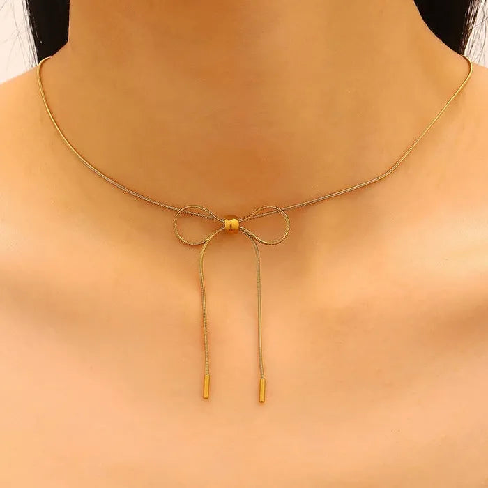 Vintage Stainless Steel Bow Earrings & Pendant Necklace Set for Women