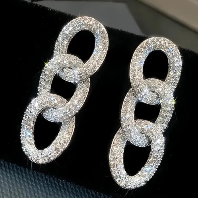 Luxury Copper Alloy Chain Link Earrings for Women with Cubic Zirconia Crystal