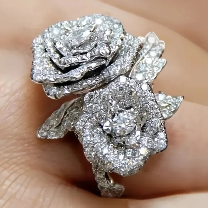 Cubic Zirconia Rose Shape Ring for Women, Brass Plant Design Wedding Band Gift