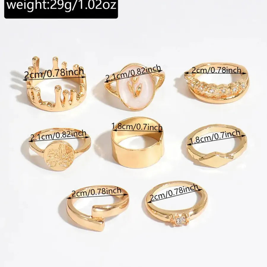 8Pcs Vintage Gold Metal Tulip Flower Rings Set Featuring Rhinestones for Women