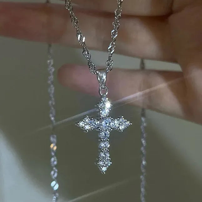 Stainless Steel Cross Pendant Necklace with Crystal Zircon for Women Men
